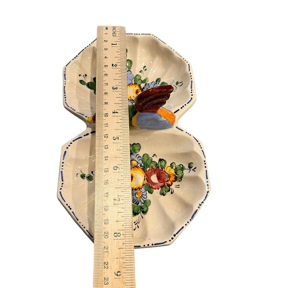 Vintage Italian Hand Painted Divided Candy Nut Dish Rooster Floral Farmhouse - Picture 9 of 10